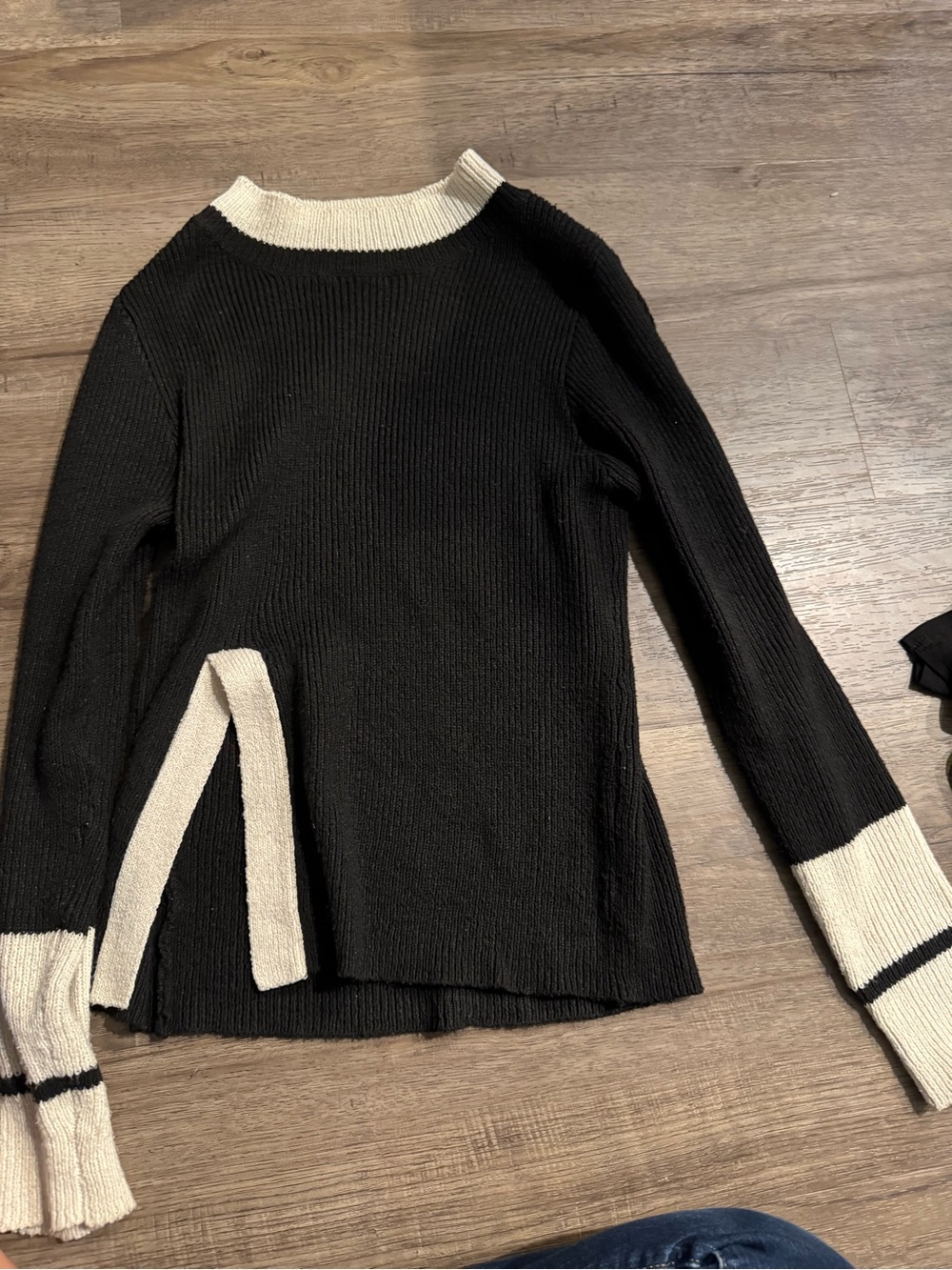 Black & Cream Contrast Rib Knit Women's Sweater